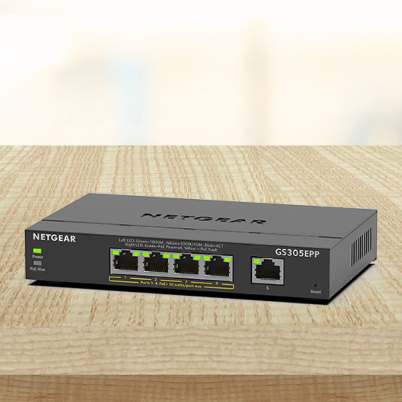 NETGEAR GS305EPP 5-Port Gigabit Ethernet Smart Managed Plus PoE Switch - with 4 x PoE+ @ 120W