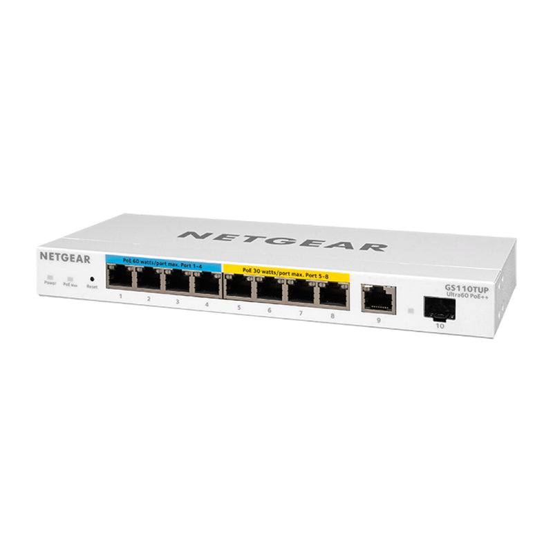 NETGEAR GS110TUP 10-Port Gigabit Ethernet Smart Managed Pro Ultra60 PoE Switch - with 4 x PoE+ and 4 x PoE++ @ 240W