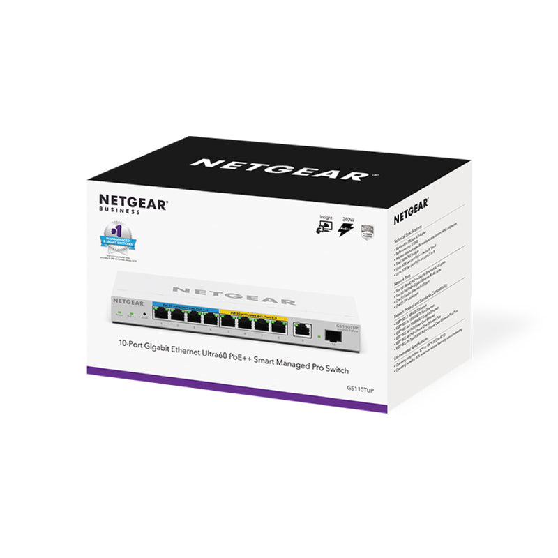 NETGEAR GS110TUP 10-Port Gigabit Ethernet Smart Managed Pro Ultra60 PoE Switch - with 4 x PoE+ and 4 x PoE++ @ 240W