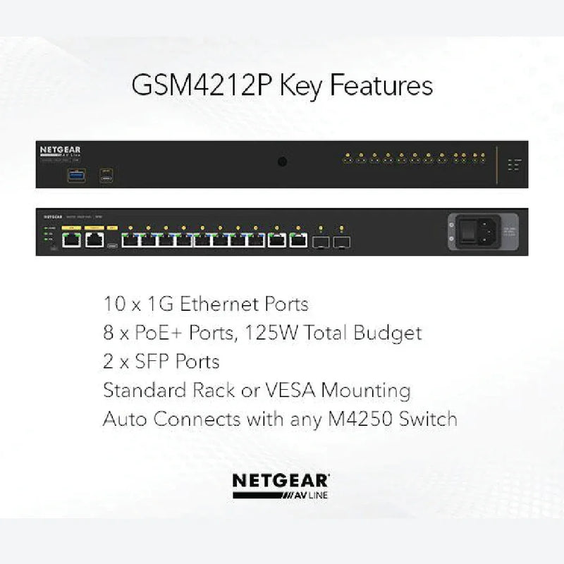 NETGEAR GSM4212P AV Line M4250-10G2F-PoE+  8x1G PoE+ 125W 2x1G and 2xSFP Managed Switch