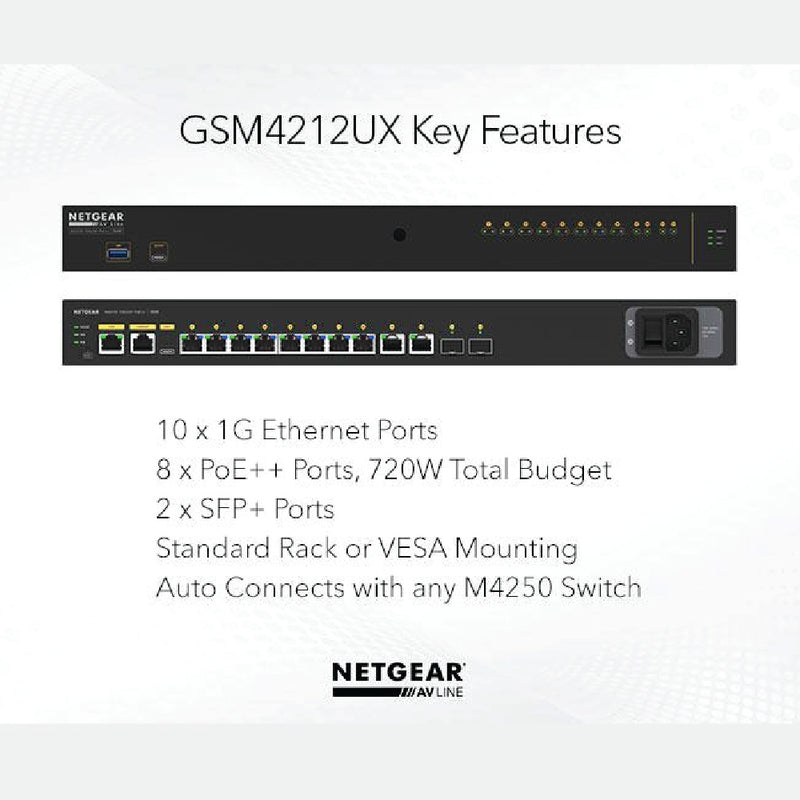 NETGEAR GSM42124UX AV Line M4250-10G2XF-PoE++ 8x1G Utra90 PoE++ 802.3bt 720W 2x1G and 2xSFP+ Managed Switch