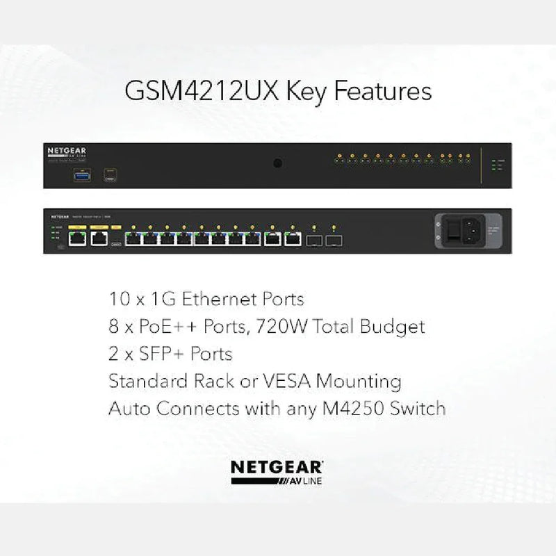 NETGEAR GSM42124UX AV Line M4250-10G2XF-PoE++ 8x1G Utra90 PoE++ 802.3bt 720W 2x1G and 2xSFP+ Managed Switch
