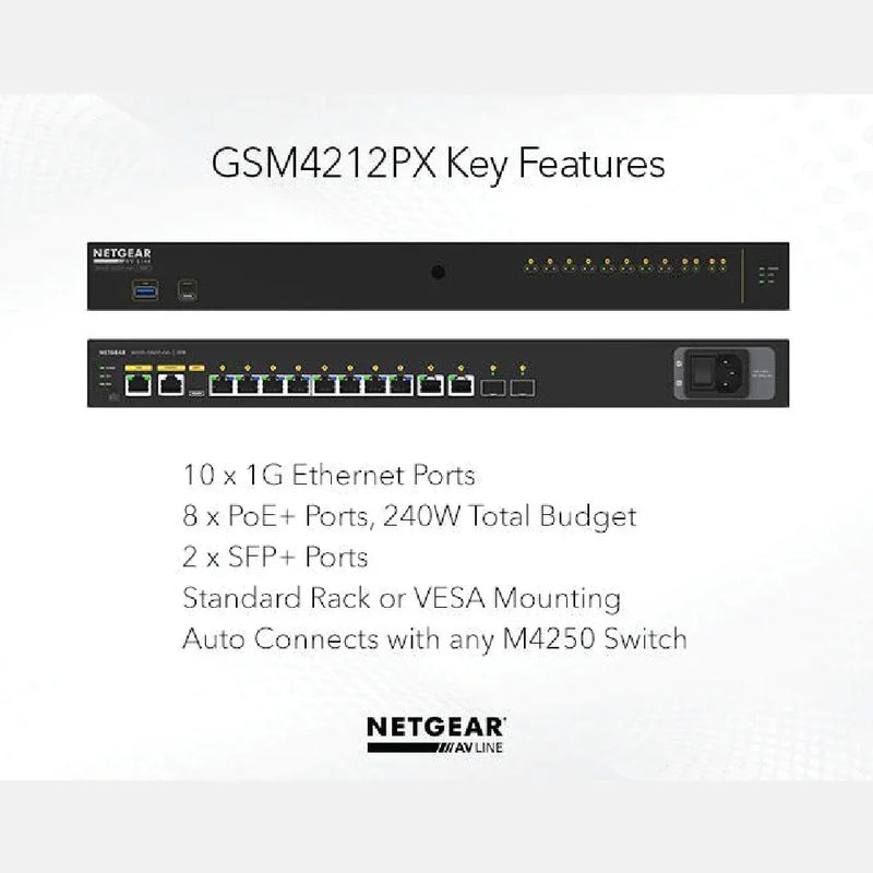 NETGEAR GSM4212PX AV Line M4250-10G2XF-PoE+ 8x1G PoE+ 240W 2x1G and 2xSFP+ Managed Switch
