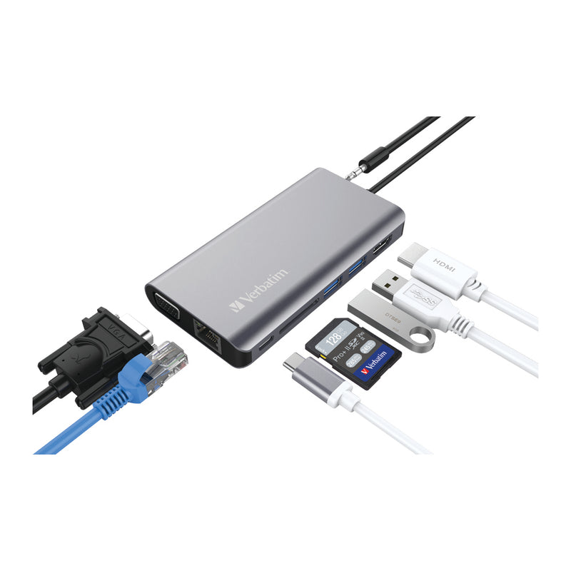 Verbatim (8 in 1) Type C Hub with VGA, HDMI,RJ45,USB3.0x2 PD 60W SD & earjack - Grey_ 66148