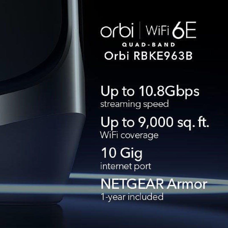 NETGEAR ORBI RBKE963B Quad-Band 3-Pack WiFi 6E Mesh System - AXE11000 (10Gb Port/1-Yr Armor)
