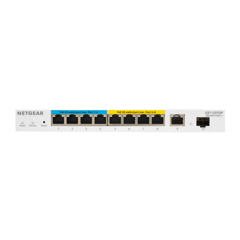 NETGEAR GS110TUP 10-Port Gigabit Ethernet Smart Managed Pro Ultra60 PoE Switch - with 4 x PoE+ and 4 x PoE++ @ 240W