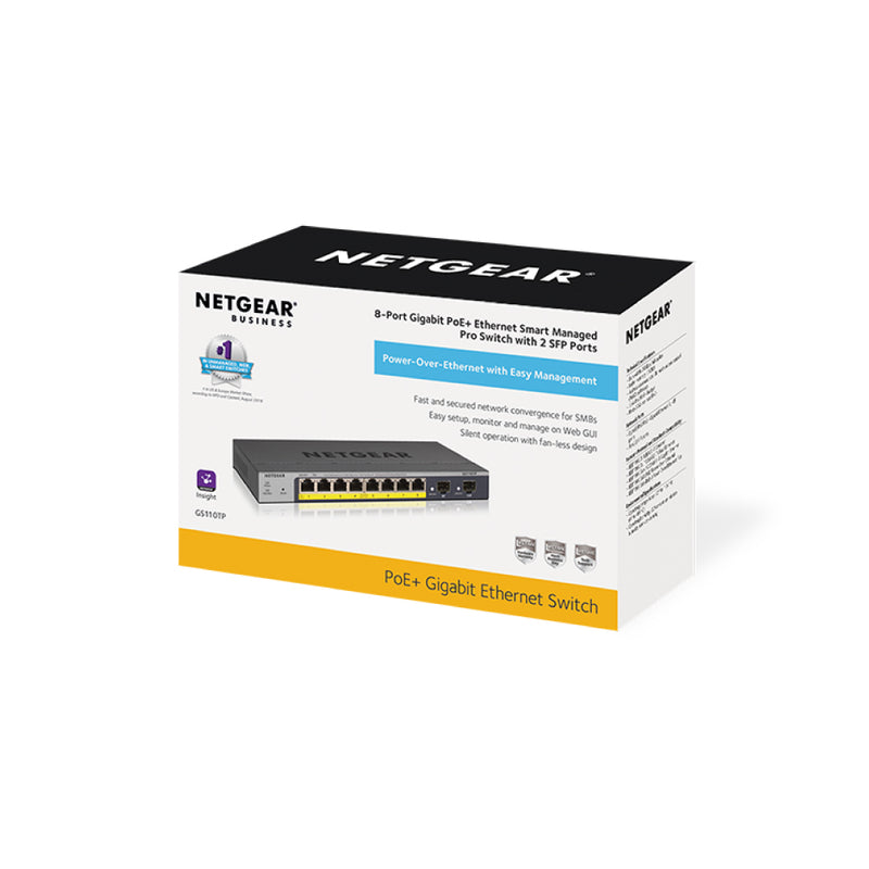 NETGEAR GS110TPv3 8-Port Gigabit Ethernet Smart Managed Pro PoE Switch - with 8 x PoE+ @ 55W