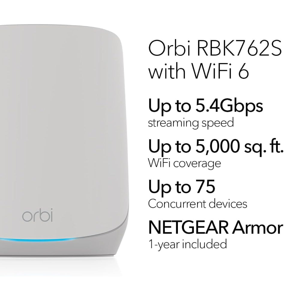 NETGEAR Orbi RBK762S 5.4Gbps Tri-band 2-Pack WiFi 6 Mesh System with 1-Year Armor