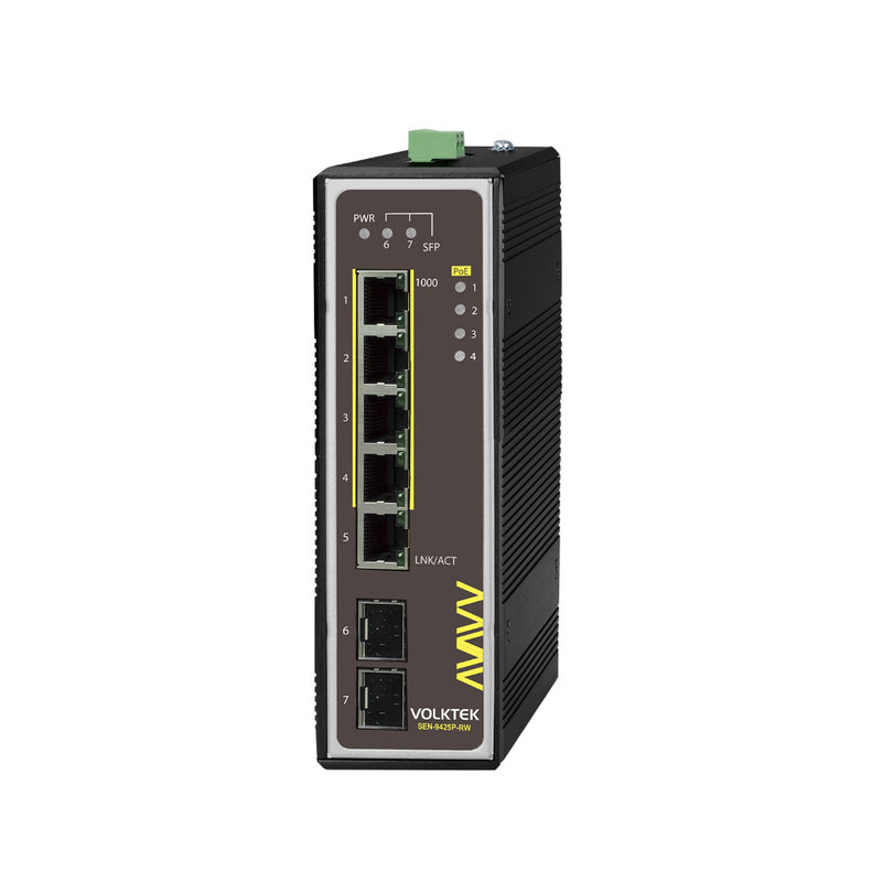 VOLKTEK SEN-9425P-24V-RW 4 Ports GbE Railway Certified Unmanaged PoE+ Switch with 1 RJ45 and 2 SFP PortsVOLKTEK SEN-9425P-24V-RW 4 Ports GbE Railway Certified Unmanaged PoE+ Switch with 1 RJ45 and 2 SFP Ports