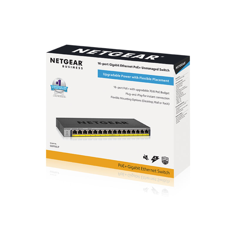NETGEAR GS116LP 16-Port Gigabit Ethernet Unmanaged PoE Switch - with 16 x PoE+ @ 76W Upgradeable