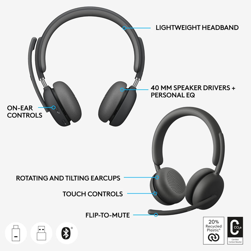 LOGITECH Zone Wireless 2 Noise Canceling Headset with Hybrid ANC, Bluetooth, USB-C, USB-A, Certified for Zoom, Google Meet, Google Voice, Fast Pair