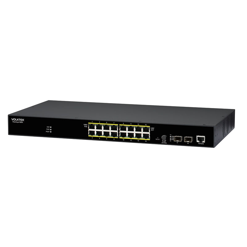 VOLKTEK Hawkeye 9005-16GP2GS-D-I 16 Ports Gbe Managed PoE+ Industrial Switch with 2 SFP Ports and DC Power Input
