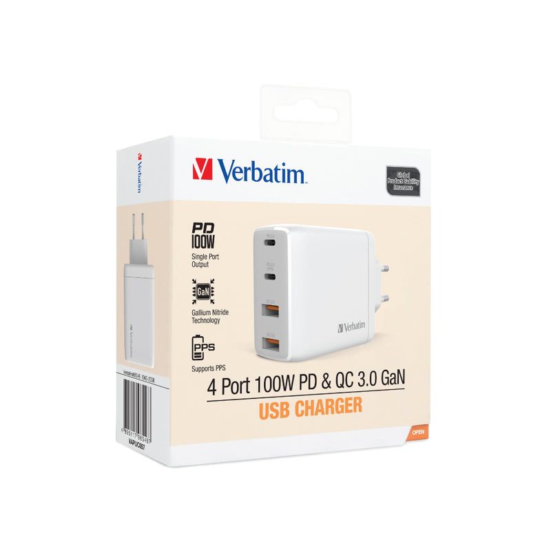 Verbatim 4 Port 100W PD 3.0 & QC 3.0 GaN USB Charger