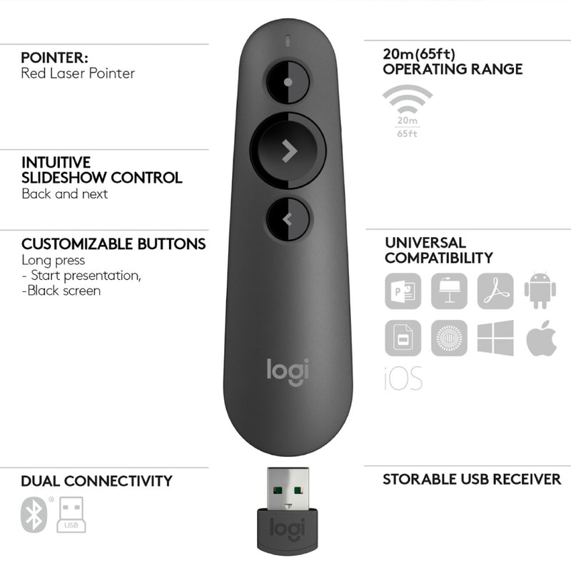 Logitech R500 Graphite Laser Presentation Remote with Dual Wireless and Bluetooth Connectivity