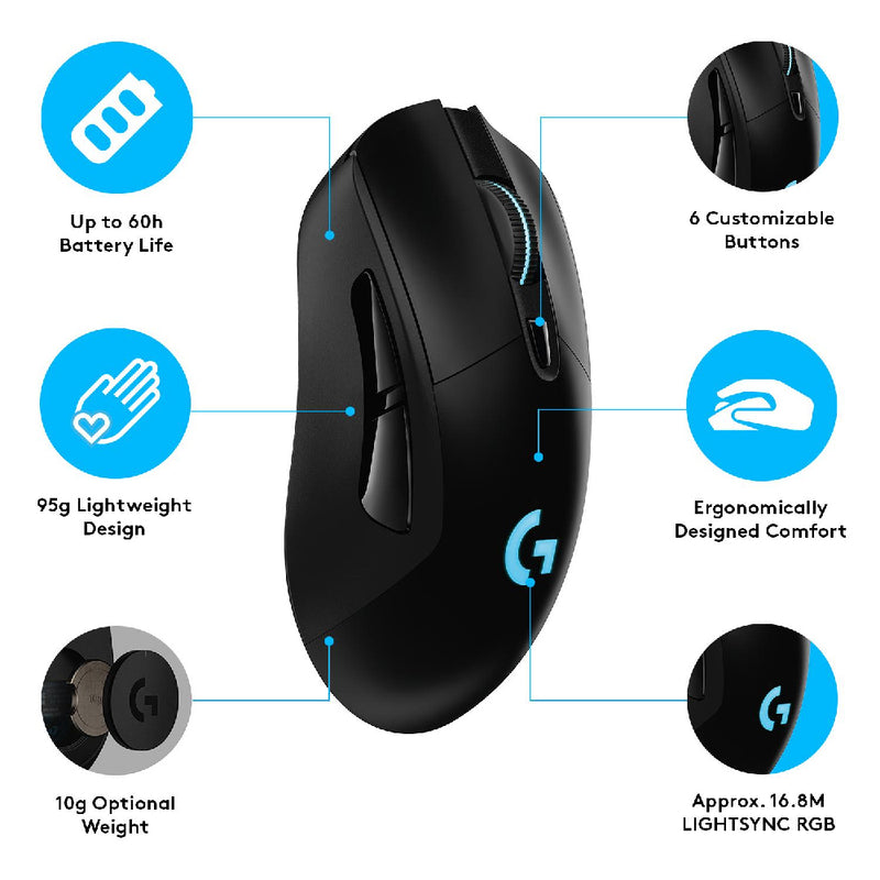 Logitech G703 LIGHTSPEED Wireless Gaming Mouse w/ HERO 25K Sensor, LIGHTSYNC RGB, POWERPLAY Compatible, Lightweight 95g+10g Optional, 100-25,600 DPI, Rubber Side Grips
