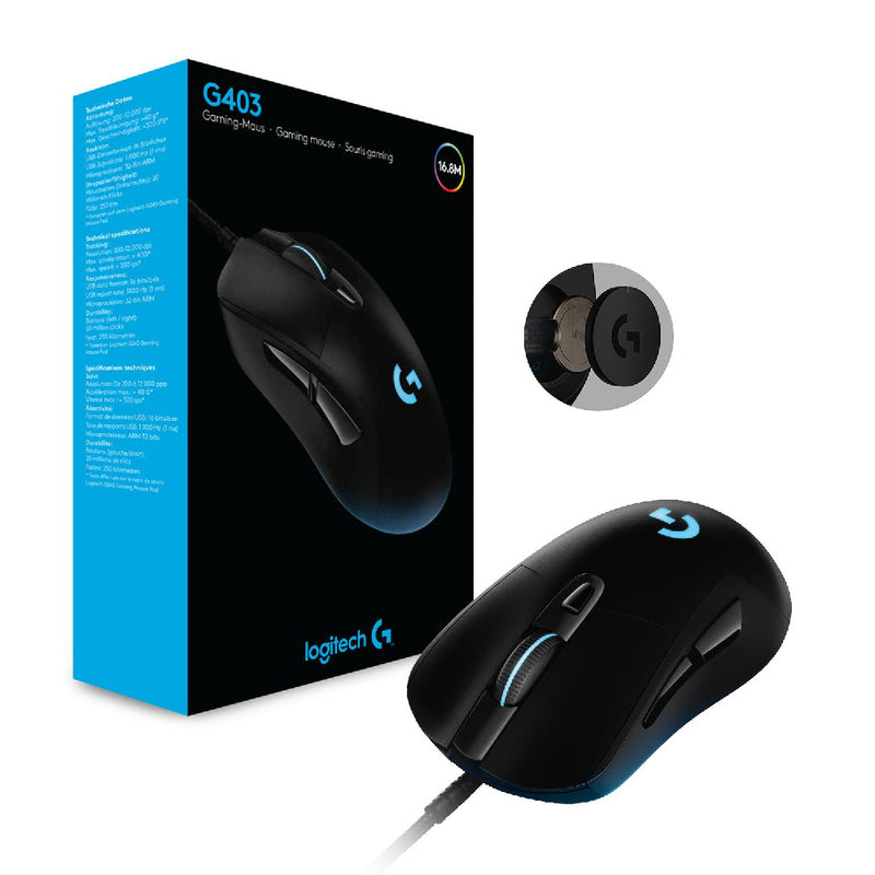 Logitech G403 HERO 25K Gaming Mouse, LIGHTSYNC RGB, Lightweight 87g+10g Optional, Braided Cable, 25,600 DPI, Rubber Side Grips