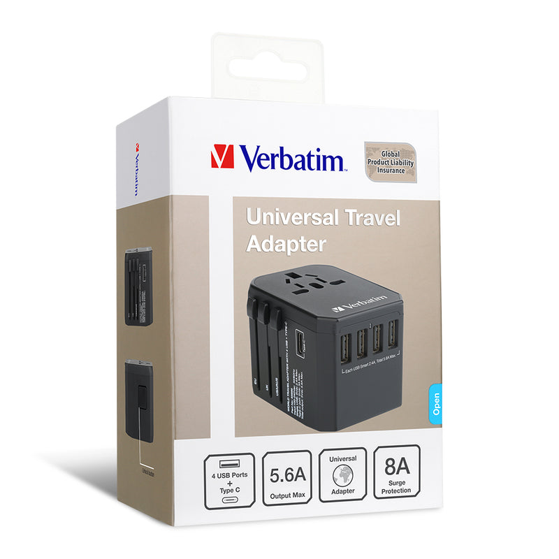 Verbatim 5 Port (1 Type C, 4 USB) Universal Travel Adapter_ Black_ 65686