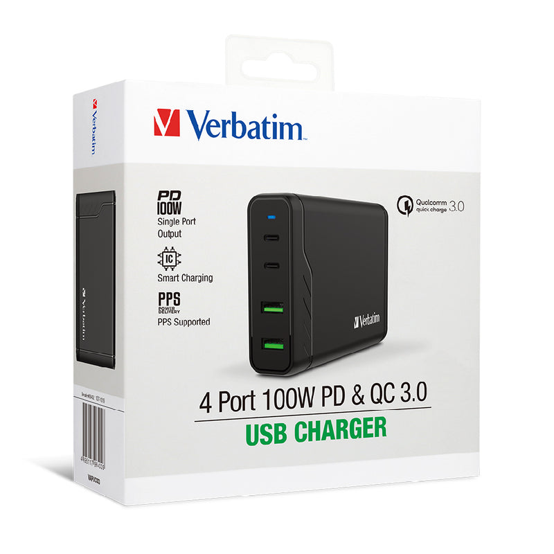 Verbatim 4 Port 100W PD & QC 3.0 USB Charger - Black_ 66402